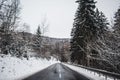 Winter in Harz Mountains National Park, Germany. Empty road and snow covered landscape Royalty Free Stock Photo