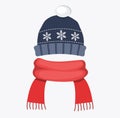 Winter hat cap with snowflake and pompom red scarf flat design vector illustration