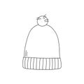 Winter hat. Knit wool beanie with pompom. Doodle style. Line art