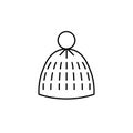 Winter hat outline icon. Headwear with pompon and stripes. Isolated vector