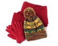 Winter hat, red scarf and gloves isolated on white background Royalty Free Stock Photo