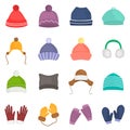 Winter hats and gloves color icons set for web and mobile design