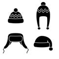 Winter hats set black icons isolated on white background. Knitting headwear and caps for cold weather. Outdoor clothing