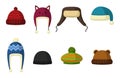 Winter hats set isolated on white background. Knitting headwear and caps for cold weather. Outdoor clothing. Vector