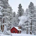 Winter Haven: A Solitary Red Cabin in the Snowy Forest