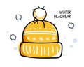 Winter headdress with inscription. Bright yellow knitted hood with pompone and pattern for men and women. Linear Vector