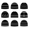 Winter headwear black icons set. Simple style hats with pattern. Isolated vector Royalty Free Stock Photo