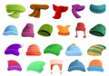 Winter headwear icons set, cartoon style