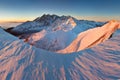 Winter High Tatras mountain range panorama with many peaks and clear sky from Belian Tatras. Sunny day on top of snowy mountains. Royalty Free Stock Photo