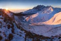 Winter High Tatras mountain range panorama with many peaks and clear sky from Belian Tatras. Sunny day on top of snowy mountains.