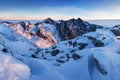 Winter High Tatras mountain range panorama with many peaks and clear sky. Sunny day on top of snowy mountains. Royalty Free Stock Photo