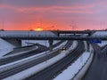 Winter highway during the sunset near Tartu, Tartu maakond, Estonia, February 2021 Royalty Free Stock Photo