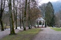 Pavilion in park alongside meadow