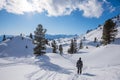 Winter hiker at snowy footpath Rofan alps, sunny mountain landscape austria Royalty Free Stock Photo