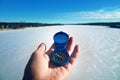 Winter hiking, explaining the ground with compass Royalty Free Stock Photo