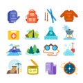 Winter hiking flat icons set