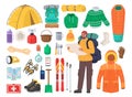 Winter hiking gear, flat vector isolated illustration. Mountain travel, climbing and trekking equipment.