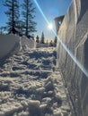Winter hiking in the mountains, fresh snow, snow path with the snow blower Royalty Free Stock Photo