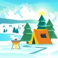 Winter hiking vector background with tent and bonfire