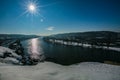 Winter hilly ladscape, scenic view overlooking river Royalty Free Stock Photo