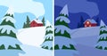 Winter hilly landscape with snow, house and fir trees, day and night. Country life. Snow, cold, frost. Vector cartoon