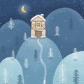 Winter Hilly Landscape Night with House Stars Moon and Trees Handy Illustrated Dreamy Winter Countryside Royalty Free Stock Photo