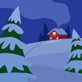 Winter hilly night landscape with house and fir trees. Country life. Snow, cold, frost. Vector cartoon illustration