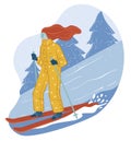 Skiing in winter resort, wintertime hobbies vector