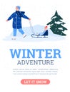 Winter adventure banner with people sledding, vector cartoon illustration.