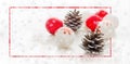 Winter Holiday Backdrop With Snowflakes,  Fir Cones And Red White Christmas Balls