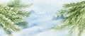 Winter holiday background. Blue watercolor wash, green plants, fir, spruce. Snowy hills, forest, landscape.