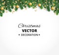 Winter holiday background. Border with Christmas tree branches. Garland, frame with hanging baubles, streamers Royalty Free Stock Photo