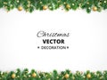 Winter holiday background. Border with Christmas tree branches. Garland, frame with hanging baubles, streamers Royalty Free Stock Photo