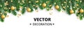 Winter holiday background. Border with Christmas tree branches. Garland, frame with hanging baubles, streamers Royalty Free Stock Photo