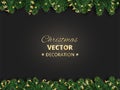 Winter holiday background. Border with Christmas tree branches and ornaments.