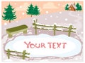 Winter holiday background with house, fence, ice rink and fir tree for christmas and new year with place for your text, Royalty Free Stock Photo