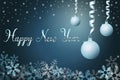 Winter holiday background with snow and christmas balls, hand lettering phrase happy new year. Christmas season vector Royalty Free Stock Photo