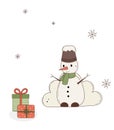 Winter holiday background with a snowman, a bucket in a scarf. The character is happy with gifts. Vector illustration