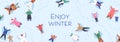 Winter holiday background. Snowy nature banner, happy people, families, children making snow angels on wintertime