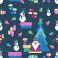 Winter holiday background. Vector template. Christmas tree, Santa Claus, snowman, gifts, other decor