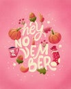 Winter holiday cars illustration with hand lettering and cute pumpkins, socks, leaves and moon. Pink background.