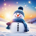 Winter holiday christmas background banner Closeup of cute funny laughing snowman with wool hat and on snowy snow