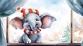 christmas greeting card baby elephant with scarf and silk hat outside the door Royalty Free Stock Photo