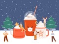 Winter holiday concept with big mugs. Hot chocolate and latte, sweet coffee and cute tiny people. Christmas outdoor