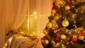 Winter holiday concept - Interior with new year or christmas decoration. At night, the room glows with festive lights. A lots of Royalty Free Stock Photo