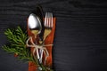 Winter holiday dinner plate decoration on black wood background. table set with a winter, Christmas decoration. Winter holiday the Royalty Free Stock Photo