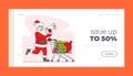 Winter Holiday Discount Landing Page Template. Santa Claus with Loudspeaker Pushing Trolley Announcing Christmas Sale