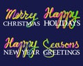 Winter holiday fluid colors and white lettering set. Merry Christmas, Seasons Greetings, Happy Holidays and New Year inscriptions