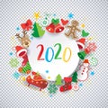 2020 Winter Holiday Happy New Year & Christmas frame symbols tree ball bell santa snowman socks Gingerbread vector sign Royalty Free Stock Photo