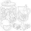 Winter holiday illustration Christmas still life with gingerbread, spices, fruit and grog